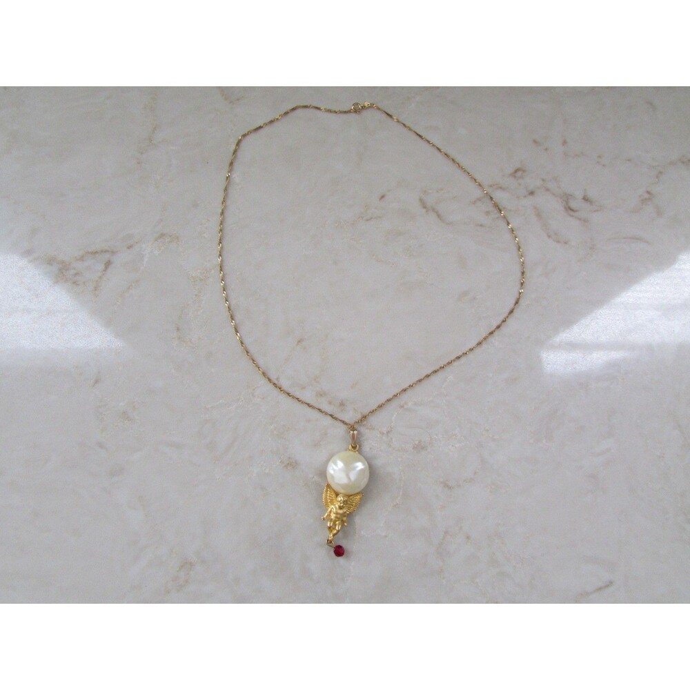Givenchy Angel Cherub Pendant Necklace Gold /faux Pearl  14Kt. gold 20" chain